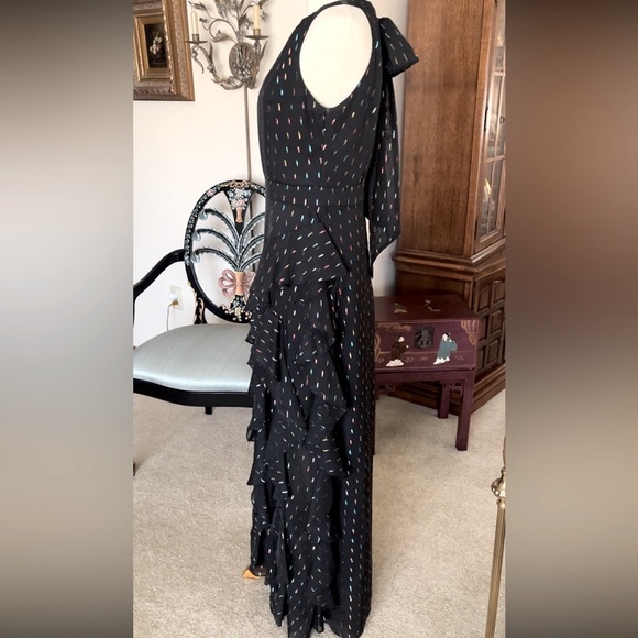 Betsy & Adam Metallic Chiffon Front Ruffle Slit Halter Neck Sleeveless Gown - Picture 3 of 16